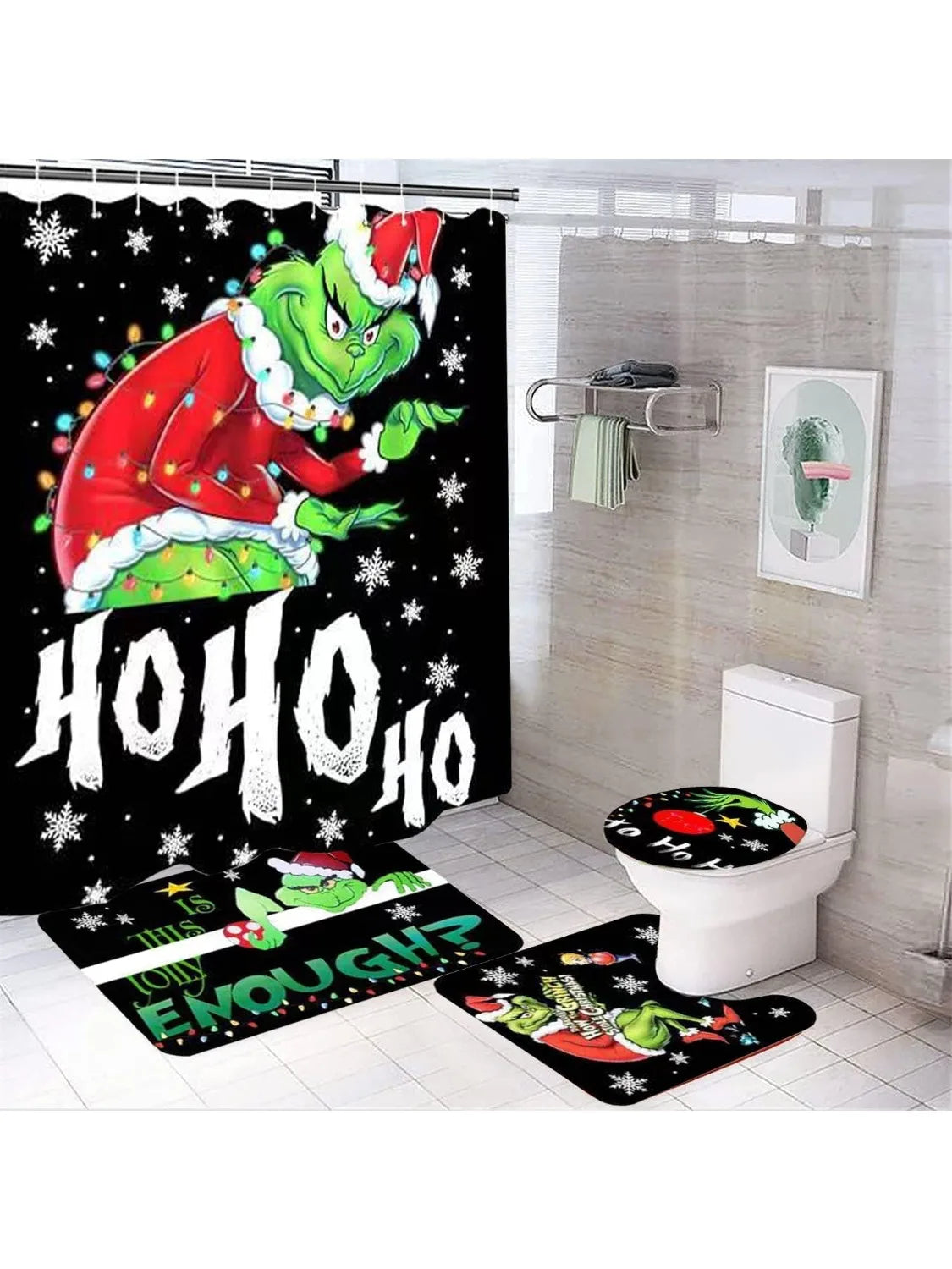 Merry Christmas Bathroom 4-Piece Set, Shower Curtain, Non-Slip Rug, Toilet Seat Cover and Bath Mat Christmas Holiday Bathroom