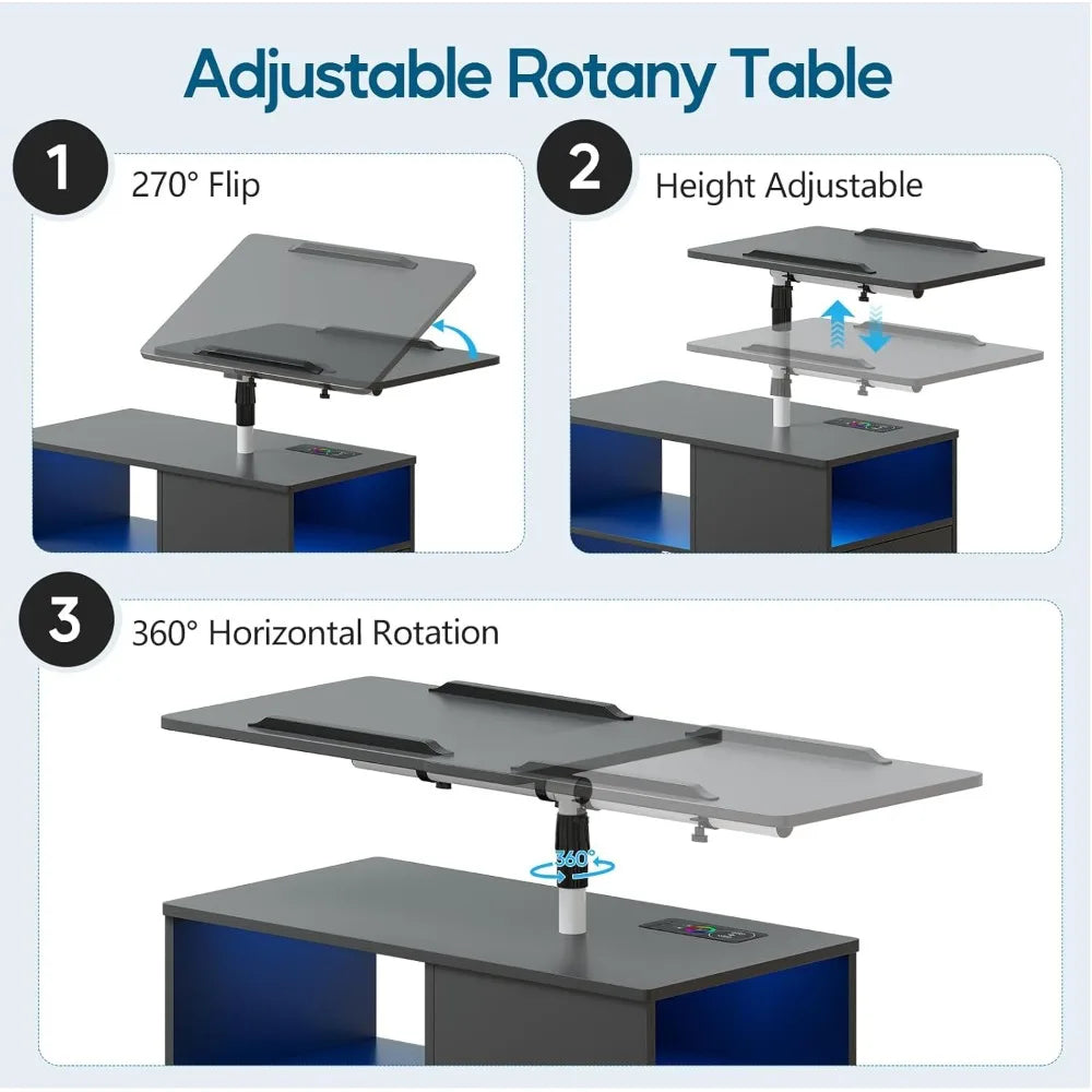 Nightstand with Charging Station, Bedside Table with LED Lights, Smart Side End Tabel Has Adjustable Rotary Table/Storage Drawer