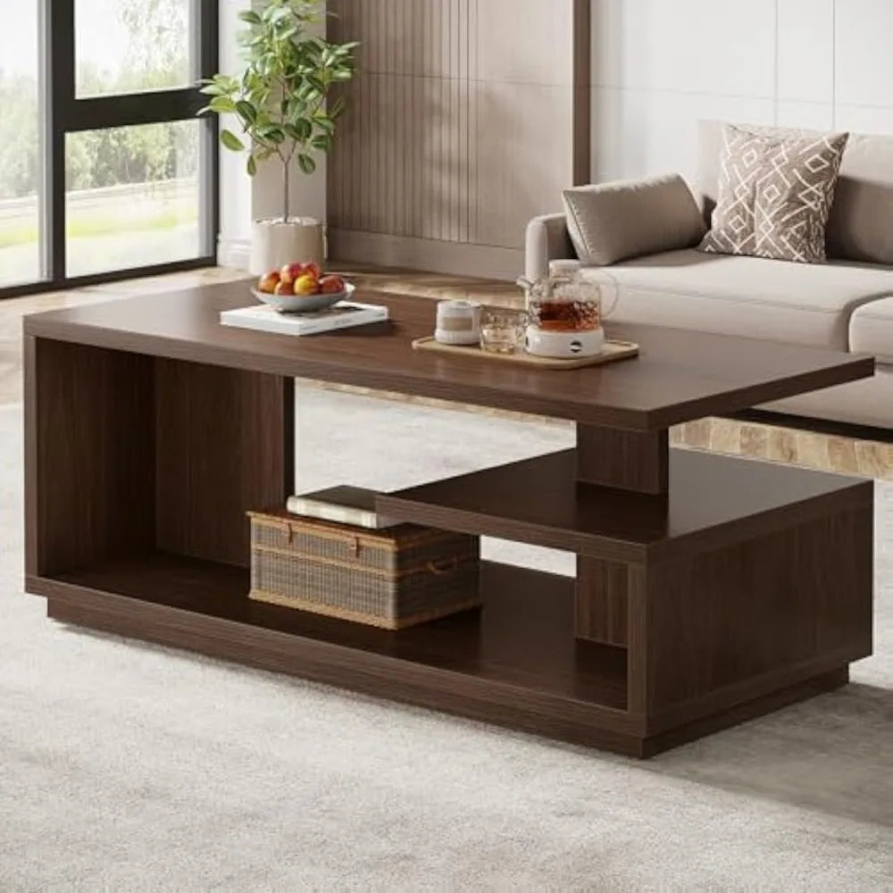 47.24" Coffee Table with Storage Shelf, Mid-Century Modern Center Table, 3-Tier Rectangle Wooden Tea Table with Thick Base