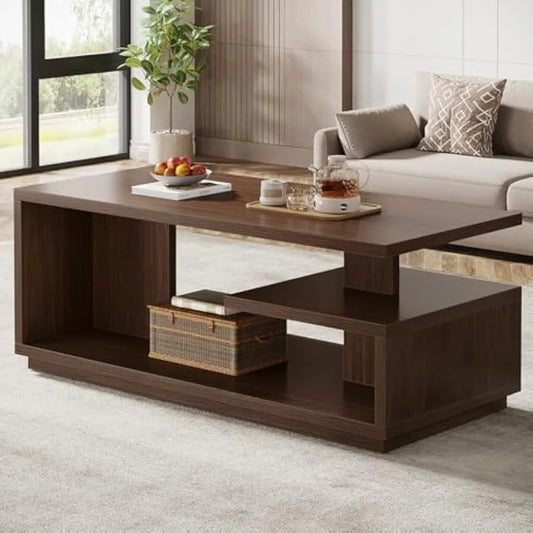 47.24" Coffee Table with Storage Shelf, Mid-Century Modern Center Table, 3-Tier Rectangle Wooden Tea Table with Thick Base