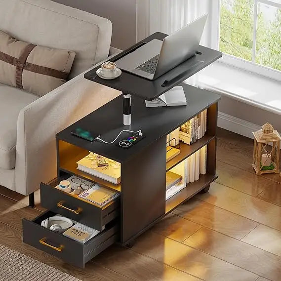 Nightstand with Charging Station, Bedside Table with LED Lights, Smart Side End Tabel Has Adjustable Rotary Table/Storage Drawer