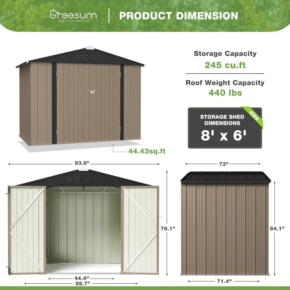 Outdoor Storage Shed 6 x 8 ft. Utility Tool Shed Metal Storage Garden Shed with Door & Lock for Patio Storage, Brown