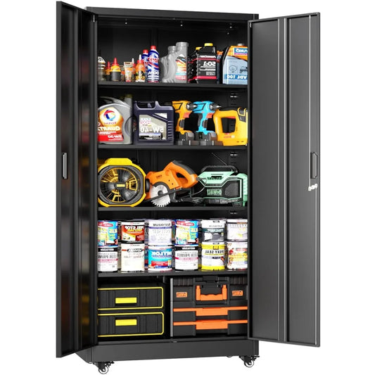 36" Metal Storage Cabinet with Wheels, Lockable Rolling Metal Garage Cabinets with 2 Doors and 4 Adjustable Shelves, Rolling To