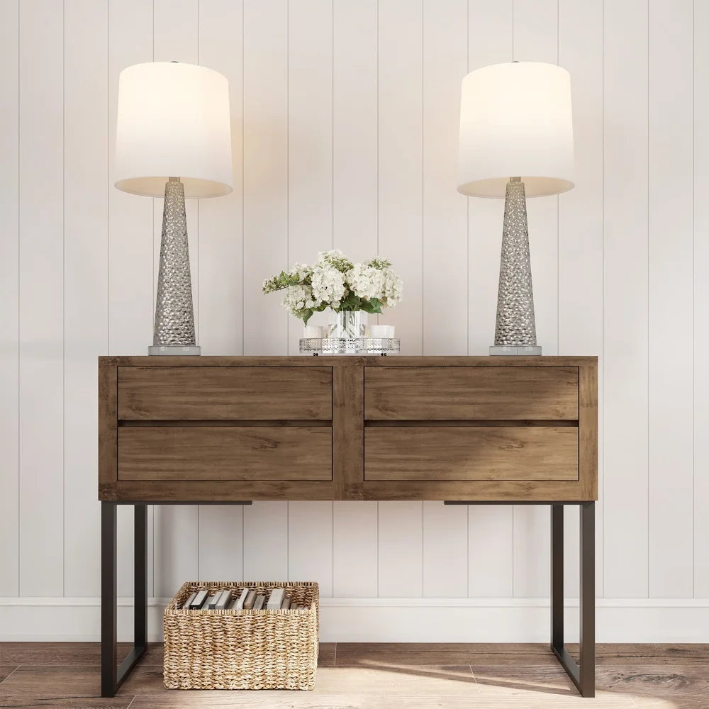 2 Piece Hammered Glass Table Lamp Set with Ivory Shade Durable LED Lighting Living Room Bedroom Office