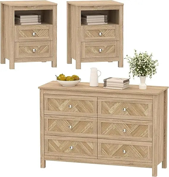 3 Pieces Bedroom Set with 6 Drawer Dresser and 2 Drawer Nightstands, Wooden Dresser and Nightstands for Bedroom, Living Room.