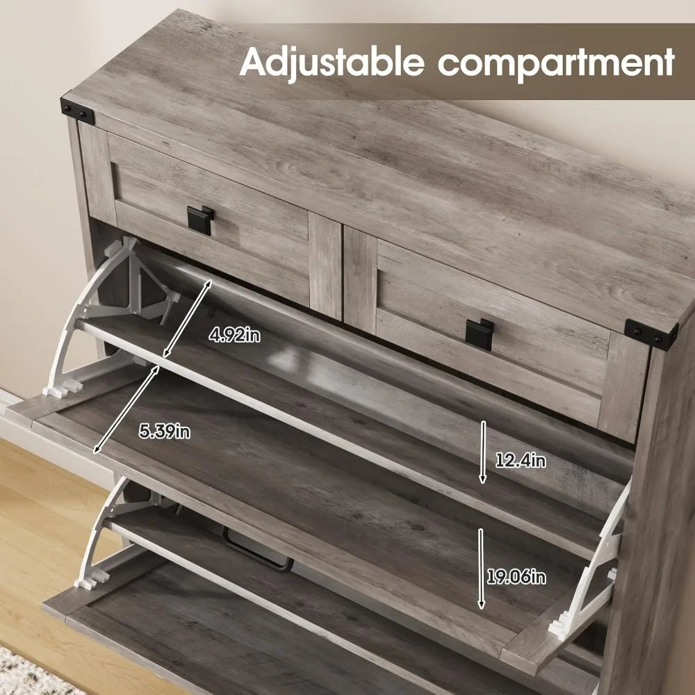 Shoe Cabinet with 2 Flip Drawers & 2 Drawers,Farmhouse Shoe Storage Cabinet for Entryway,Slim Freestanding Narrow Organizer Rack
