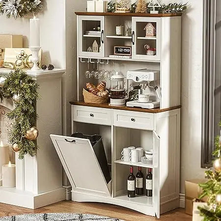 72" Kitchen Pantry Storage Cabinet with Tilt Out Trash Bin & Microwave Stand, Freestanding Coffee Hutch Bar Cabinet with Adjusta