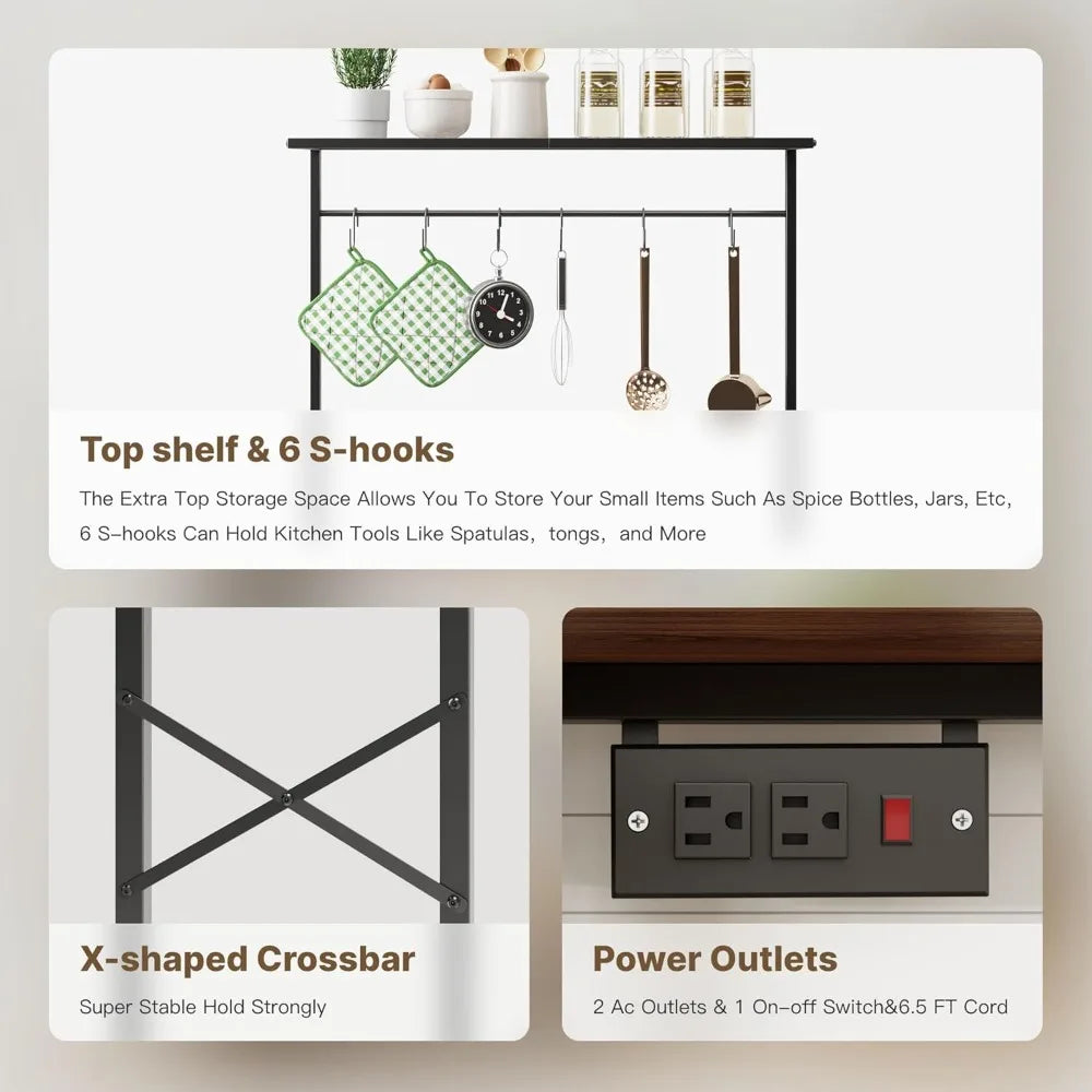 kitchen Bakers Rack with Power Outlet, Coffee Bar Table 4 Tiers, Microwave Stand with 6 S-shaped Hooks, Kitchen Storage Shelf Ra