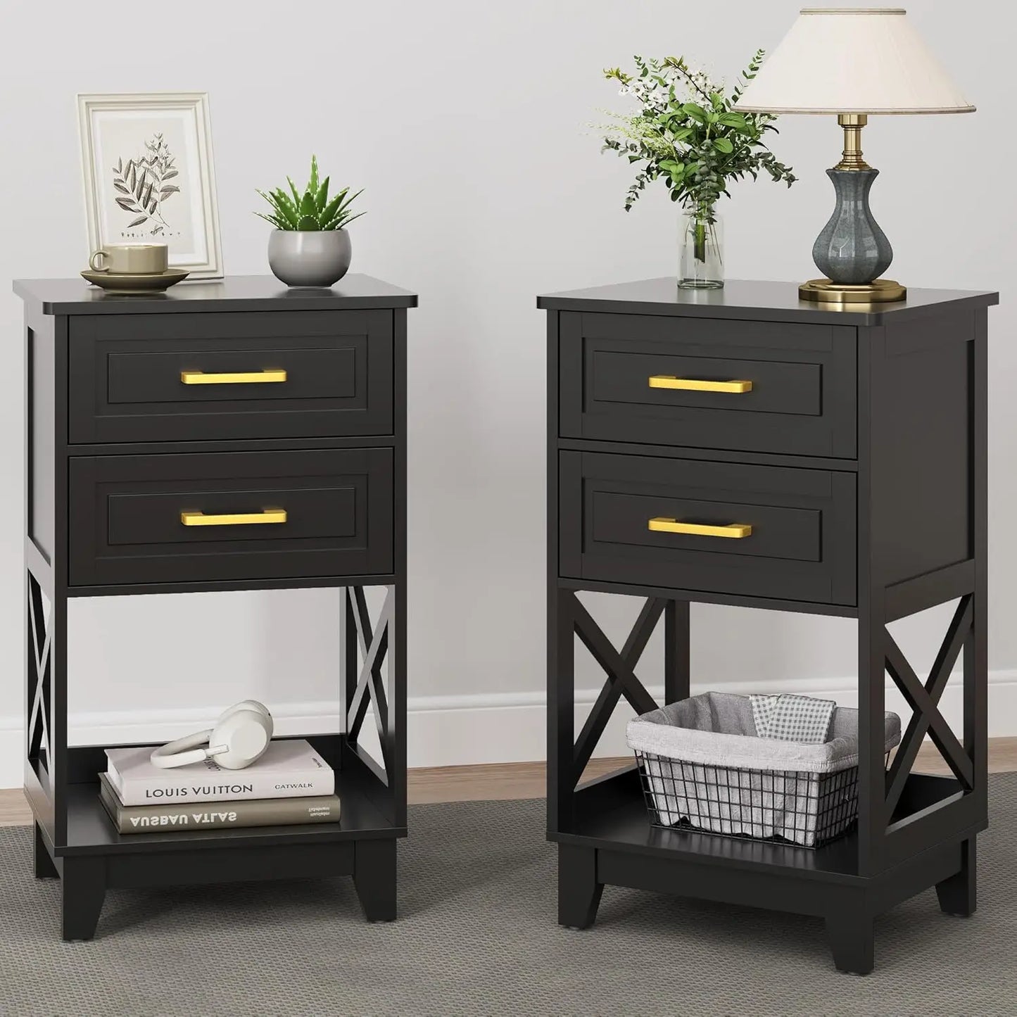 30" Tall Nightstand Set of 2, Black Beside Table with 2 Drawers and Open Shelf Below, Modern Night Stand End Table for Bedroom,