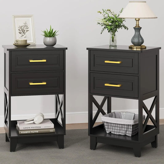 30" Tall Nightstand Set of 2, Black Beside Table with 2 Drawers and Open Shelf Below, Modern Night Stand End Table for Bedroom,