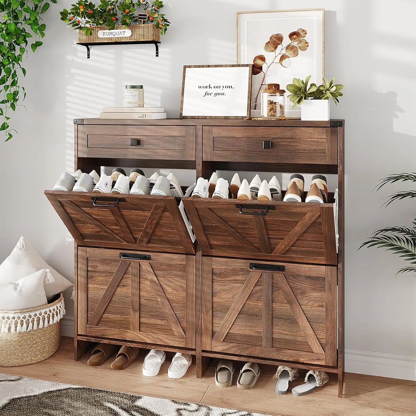 Shoe Cabinet with 2 Flip Drawers & 2 Drawers,Farmhouse Shoe Storage Cabinet for Entryway,Slim Freestanding Narrow Organizer Rack