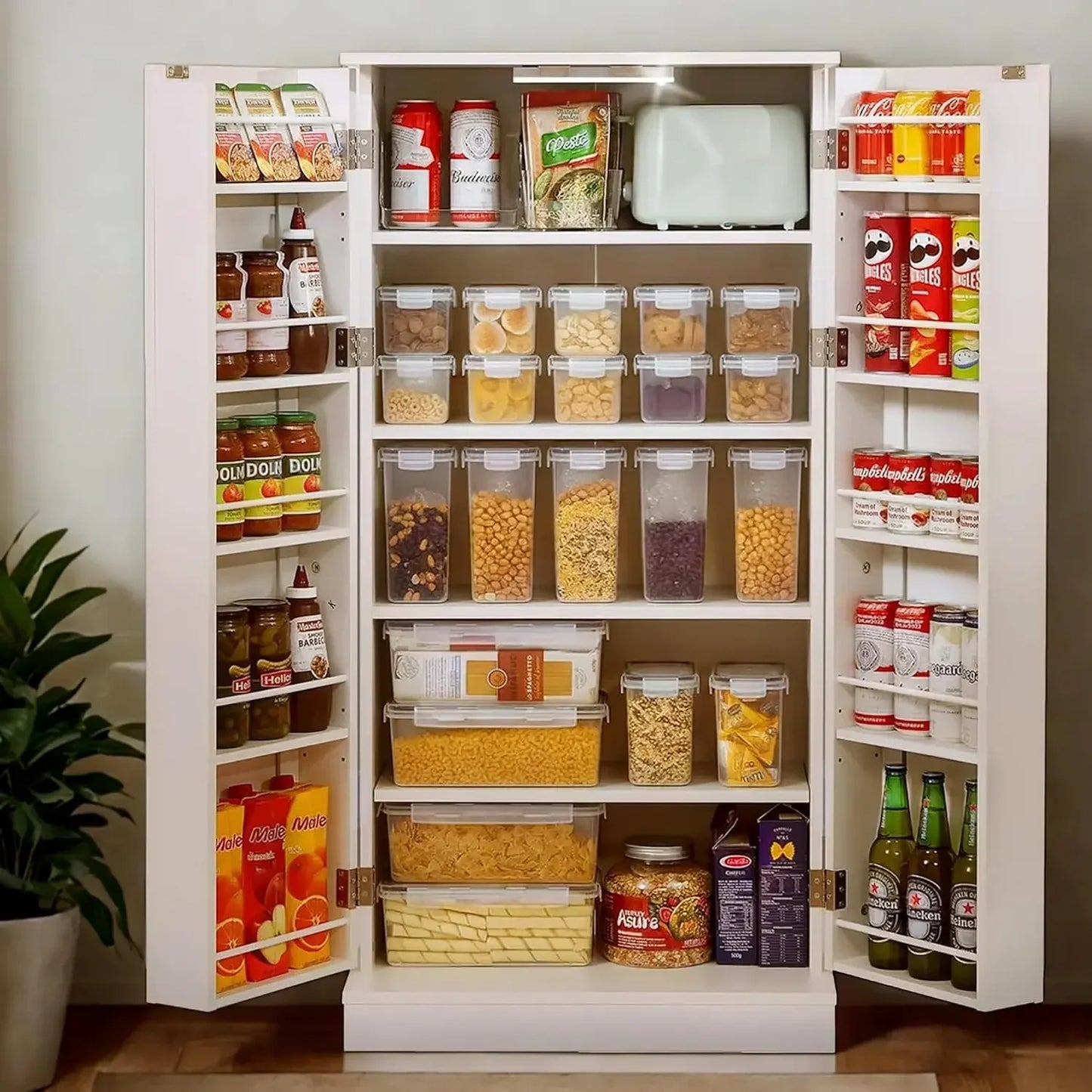 LED Kitchen Pantry Cabinet - 50" Food Storage Cupboard with 2 Doors & Adjustable Shelves, Perfect for Small Spaces