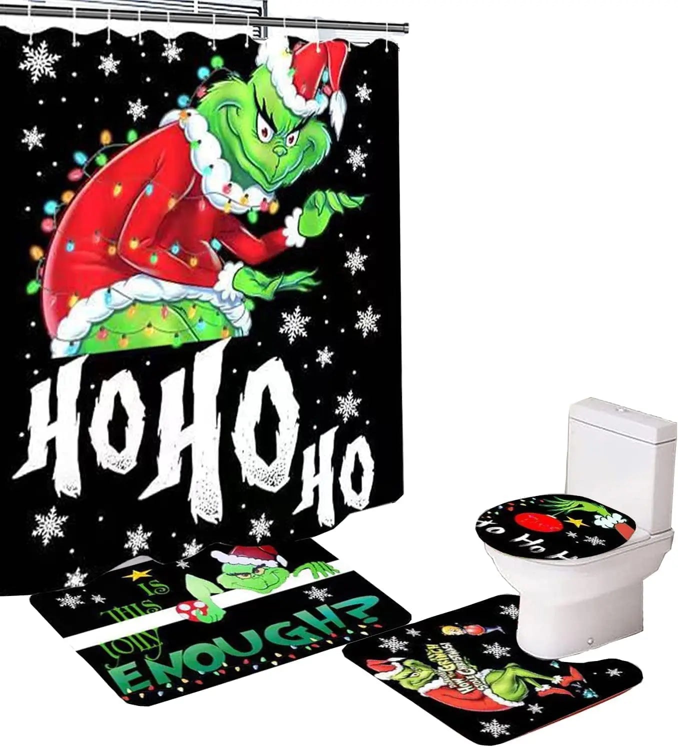 Merry Christmas Bathroom 4-Piece Set, Shower Curtain, Non-Slip Rug, Toilet Seat Cover and Bath Mat Christmas Holiday Bathroom