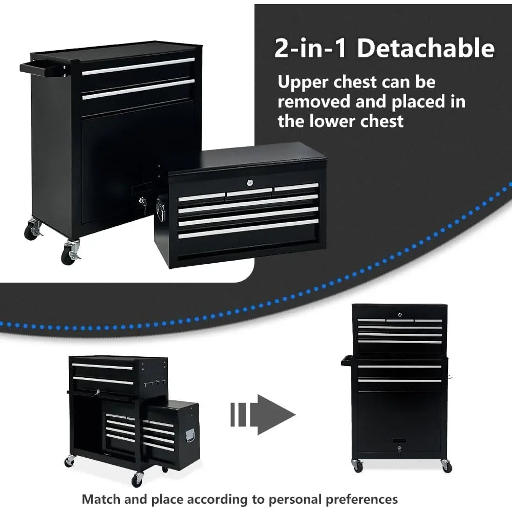 8-Drawer Rolling Tool Chest, 2-in-1 Tool Box Organizer with Lockable Wheels, Sliding Drawers,and Detachable Top, Garage Workshop