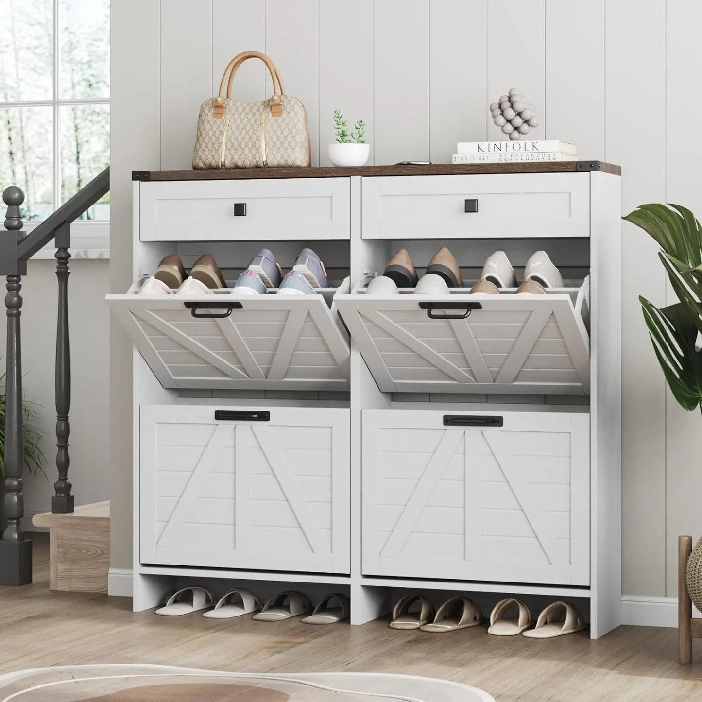Shoe Cabinet with 2 Flip Drawers & 2 Drawers,Farmhouse Shoe Storage Cabinet for Entryway,Slim Freestanding Narrow Organizer Rack