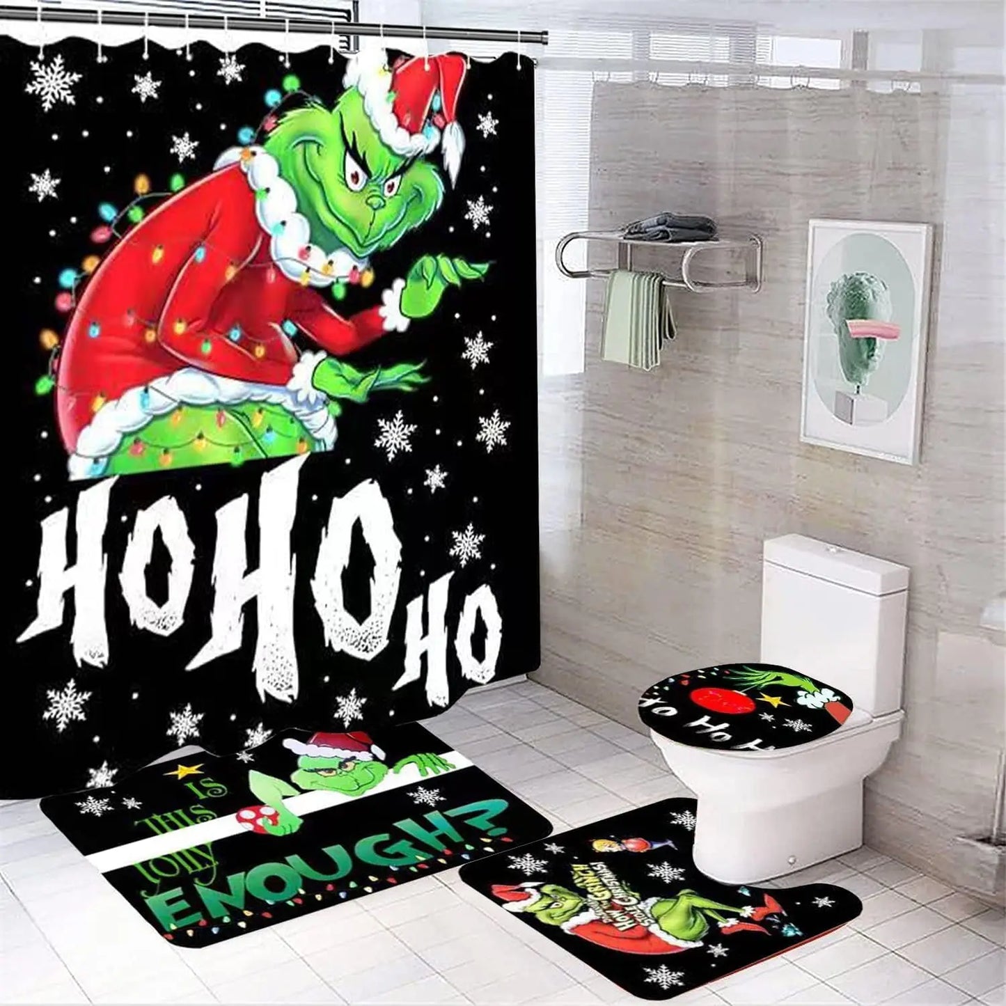 Merry Christmas Bathroom 4-Piece Set, Shower Curtain, Non-Slip Rug, Toilet Seat Cover and Bath Mat Christmas Holiday Bathroom