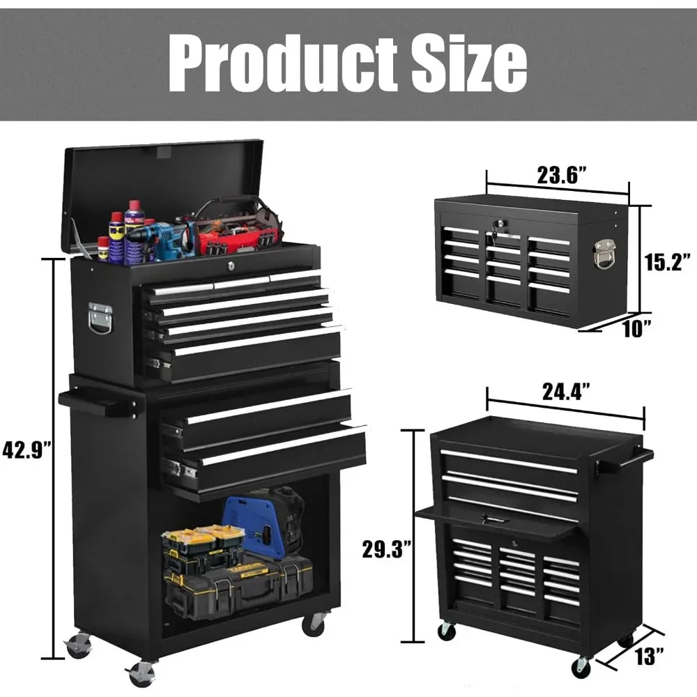 8-Drawer Rolling Tool Chest, 2-in-1 Tool Box Organizer with Lockable Wheels, Sliding Drawers,and Detachable Top, Garage Workshop
