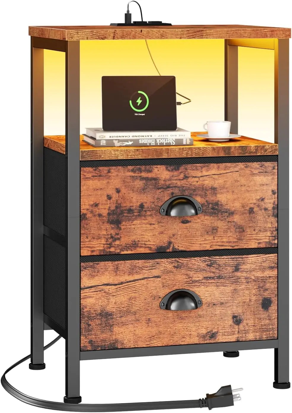 Nightstands Set of 2, End Tables w/Charging Station and LED Lights,Night Stands with 2 Fabric Drawers, Bedside Tables Set of 2