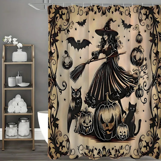 Halloween Shower Curtain Set with - Vintage Witch & Pumpkin Design, Water-Resistant Polyester, Horror Themed Bathroom Decor