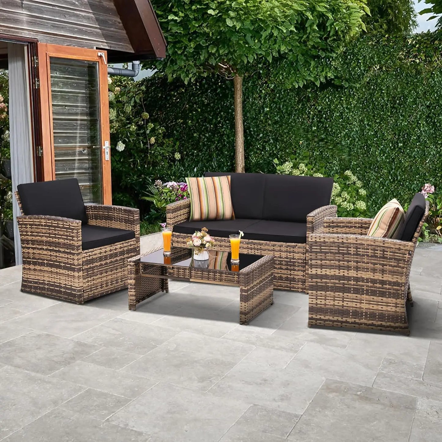 4 Pieces Patio Conversation Set, Outside Rattan Sectional Sofa, Cushioned Furniture Set, Wicker Sofa Ideal for Garden,Backyard