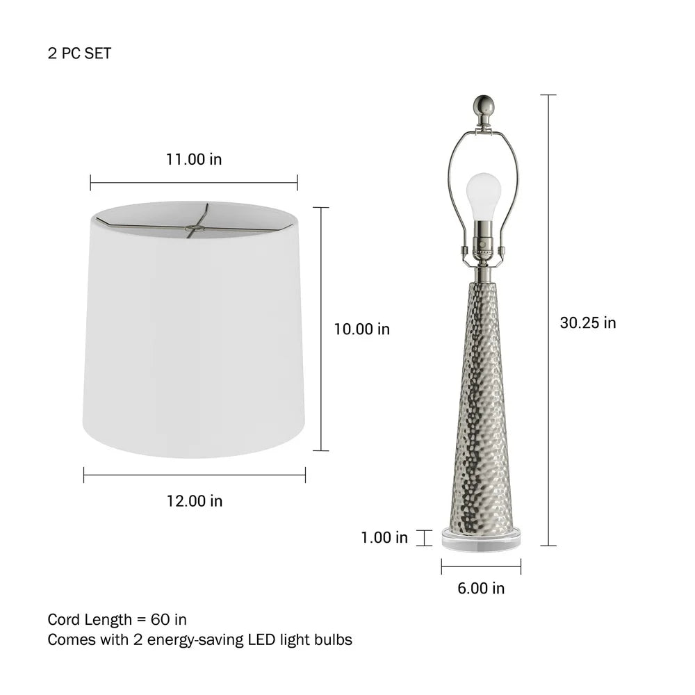 2 Piece Hammered Glass Table Lamp Set with Ivory Shade Durable LED Lighting Living Room Bedroom Office