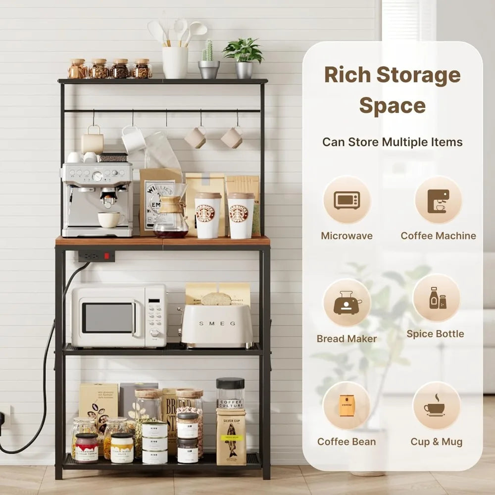kitchen Bakers Rack with Power Outlet, Coffee Bar Table 4 Tiers, Microwave Stand with 6 S-shaped Hooks, Kitchen Storage Shelf Ra
