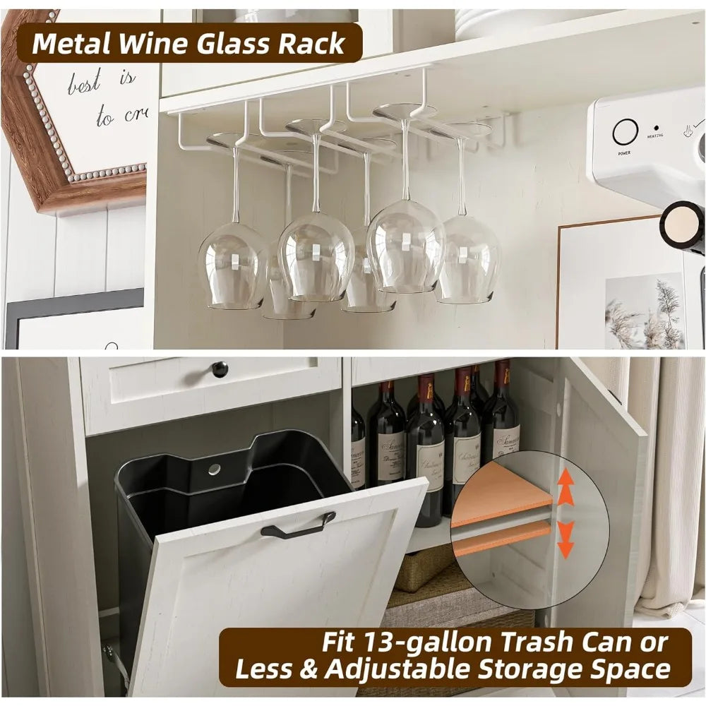 72" Kitchen Pantry Storage Cabinet with Tilt Out Trash Bin & Microwave Stand, Freestanding Coffee Hutch Bar Cabinet with Adjusta