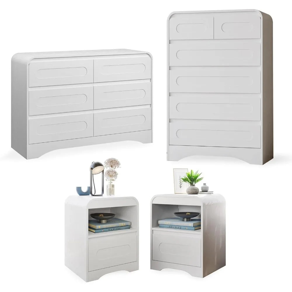 4 Pcs Bedroom Set, Dresser and Nightstand Sets, Including Modern Wooden Tall 6 Drawer Dresser, Wide 6 Drawers Dresser