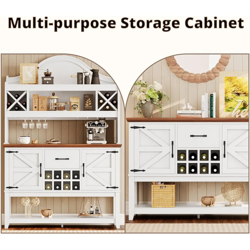 Coffee Bar Cabinet, Farmhouse Large Kitchen Buffet with Hutch & Wine Glass Rack, Pantry Cabinet for Home Bar, Living Room