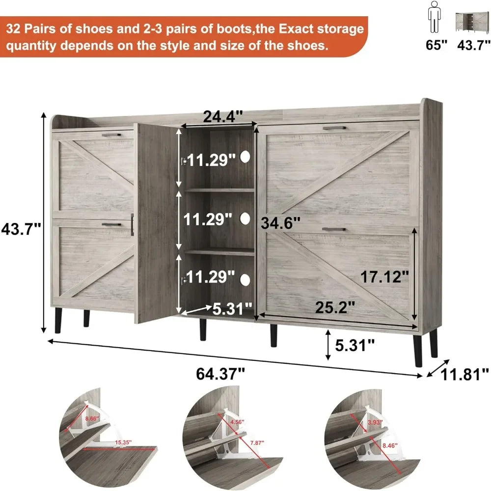 Large Shoe Cabinet with 4 Flip Drawers, Farmhouse Narrow Shoe Organizer Cabinet for Entryway, Hidden Shoe Rack w/ Adjustable Sto