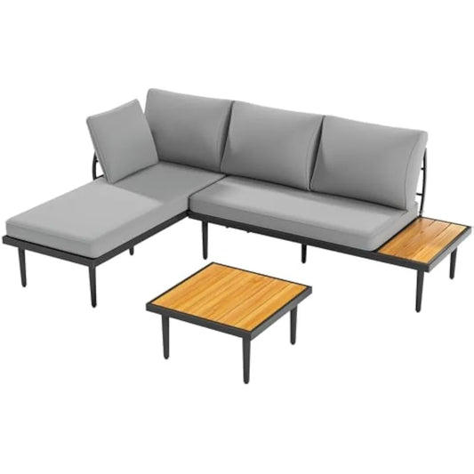 Outdoor Sectional Furniture Patio Sectional Sofa with Acacia Wood Table, Patio L-Shaped Conversation Set with All-Weather Cushi
