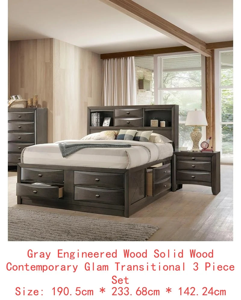Contemporary King Size Bed Set with 2 Nightstands and Headboard in Gray - 3 Piece Bedroom Furniture